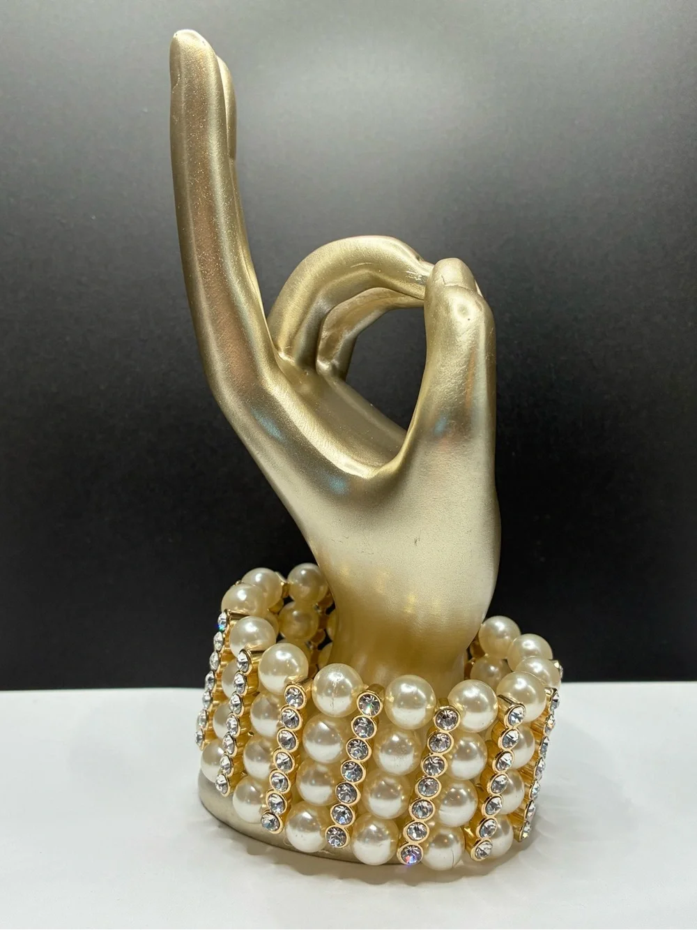 Stunning Cuff Style Pearl & Crystal Gold Stretch Bracelet - Women Accessorie
